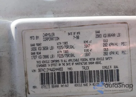 1998 Dodge Ram 1500 St из США, поврежденный, VIN 3B7HC13Y4WG244093